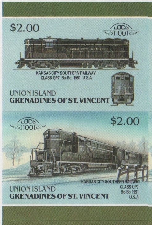 Union Island Locomotives (6th series) $2.00 1951 Kansas City Southern Railway Class GP7 Bo-Bo Final Stage Progressive Color Proof Stamp Pair