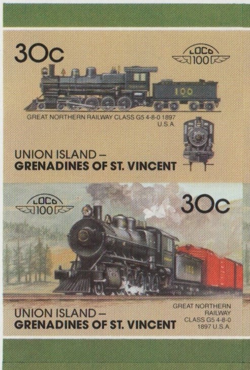 Union Island Locomotives (7th series) 30c 1897 Great Northern Railway Class G5 4-8-0 Final Stage Progressive Color Proof Stamp Pair