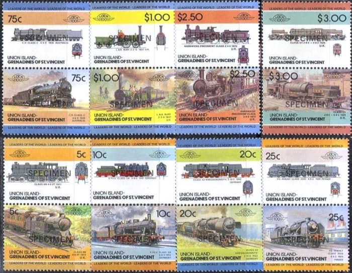 1984 Union Island Leaders of the World, Locomotives (2nd series) SPECIMEN Overprinted Stamps