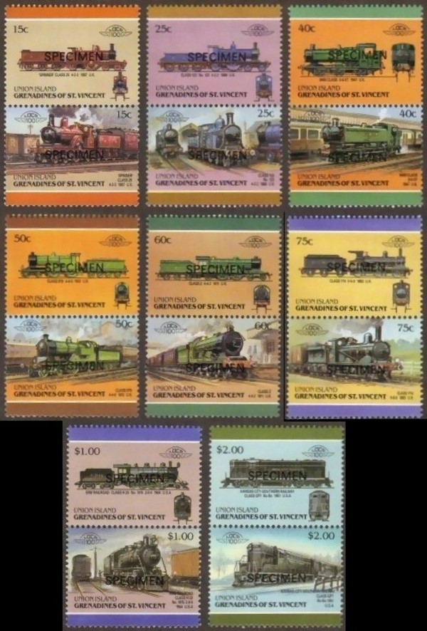 1987 Union Island Leaders of the World, Locomotives (6th series) SPECIMEN Overprinted Stamps