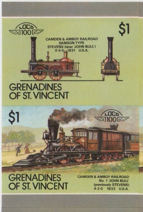 Saint Vincent Grenadines Locomotives (8th series) $1.00 1831 Camden & Amboy Railroad No. 1 'John Bull' (previously Stevens) 4-2-0 Final Stage Progressive Color Proof Stamp Pair