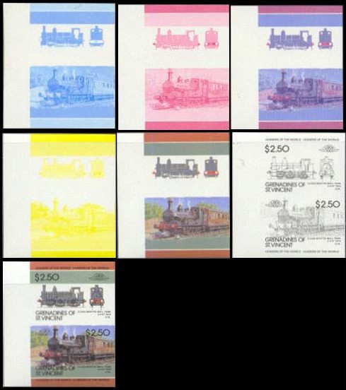 1985 Saint Vincent Grenadines Leaders of the World, Locomotives (4th series) Progressive Color Proof Stamps
