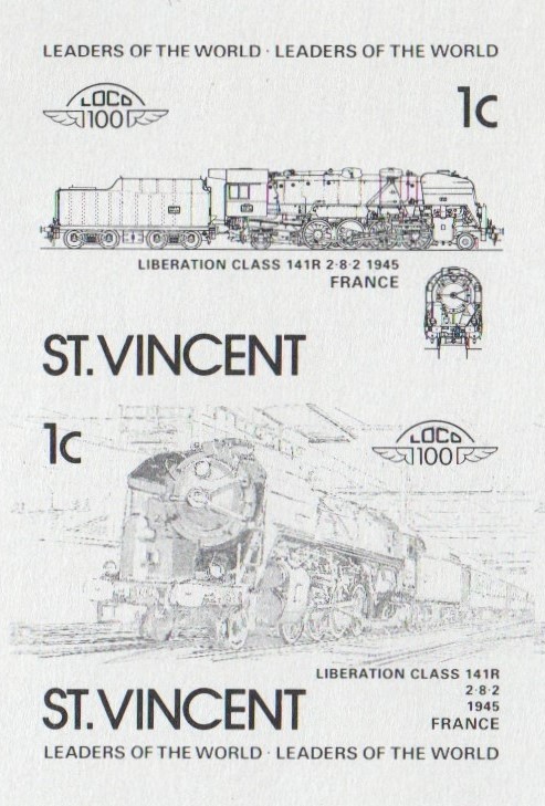 Saint Vincent Locomotives (2nd series) 1c Black Stage Progressive Color Proof Pair