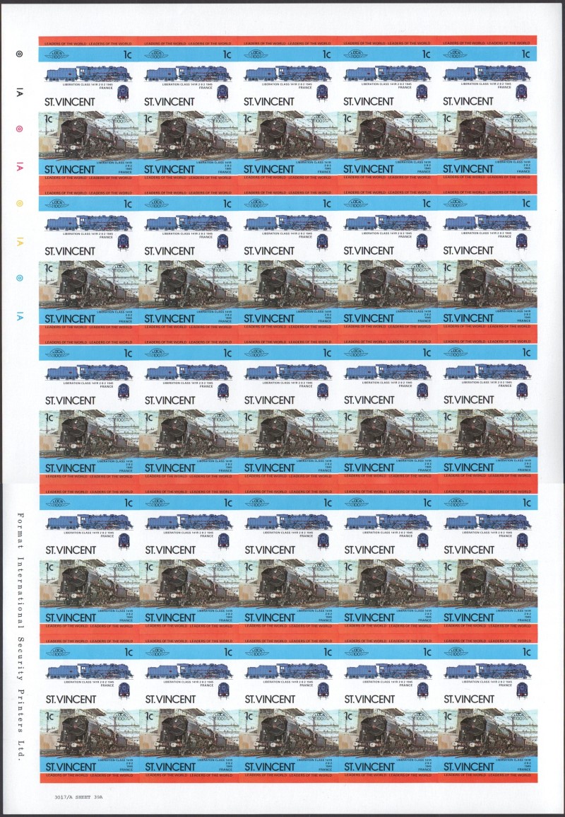 Saint Vincent Locomotives (2nd series) 1c 1945 Liberation Class 141R 2-8-2 Final Stage Progressive Color Proof Stamp Pane