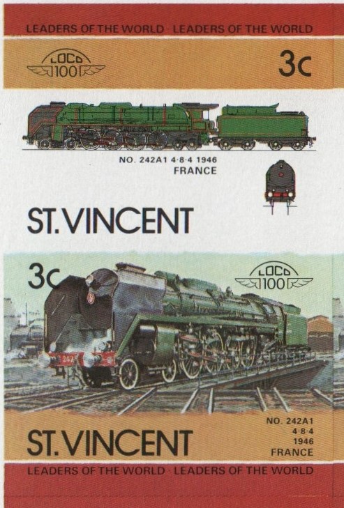 Saint Vincent Locomotives (2nd series) 3c 1946 No. 242A1 4-8-4 Final Stage Progressive Color Proof Stamp Pair