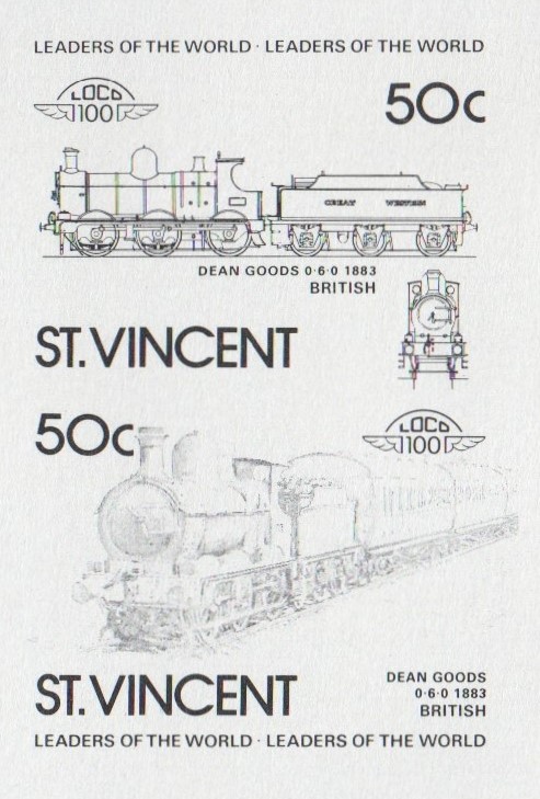 Saint Vincent Locomotives (2nd series) 50c Black Stage Progressive Color Proof Pair