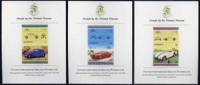 1985 Saint Vincent Leaders of the World, Automobiles (3rd series) Imperforate Proof Presentation Cards