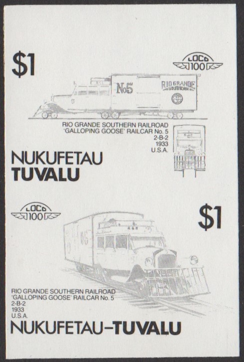 Nukufetau 3rd Series $1.00 1933 Rio Grande Southern Railroad Galloping Goose Railcar No. 5 2-B-2 Locomotive Stamp Black Stage Color Proof