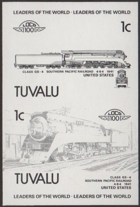 Tuvalu 1st Series 1c 1941 Class GS-4 Southern Pacific Railroad Locomotive Stamp Black Stage Color Proof