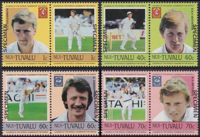 1985 Nui Leaders of the World, Cricket Players SPECIMEN Overprinted Stamp Set