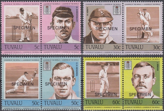 1984 Tuvalu Leaders of the World, Cricket Players SPECIMEN Overprinted Stamp Set