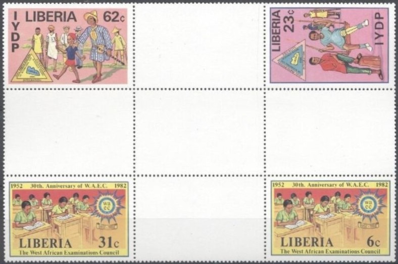 Liberia 1982 International Year of the Disabled and WAEC Combo Crossgutter Block