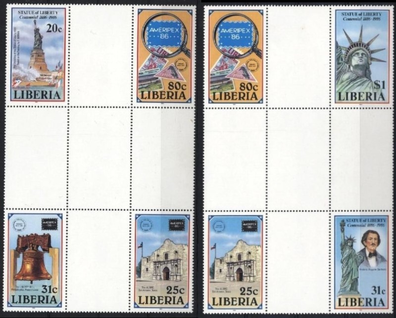 Liberia 1986 AMERIPEX Stamp Exhibition Crossgutter Blocks