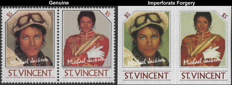 Saint Vincent 1985 Michael Jackson Imperforate $5 Forgery Stamp Pair with Genuine $5 Stamp Pair Comparison