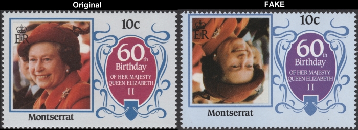 1986 60th Birthday of Queen Elizabeth Fake invert with Original 10c Stamp Comparison