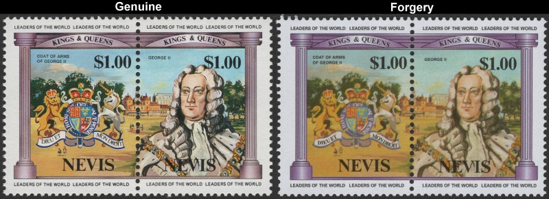 Nevis 1984 British Monarchs $1.00 King George II and his Coat of Arms Forgery with Genuine $1.00 Stamp Comparison