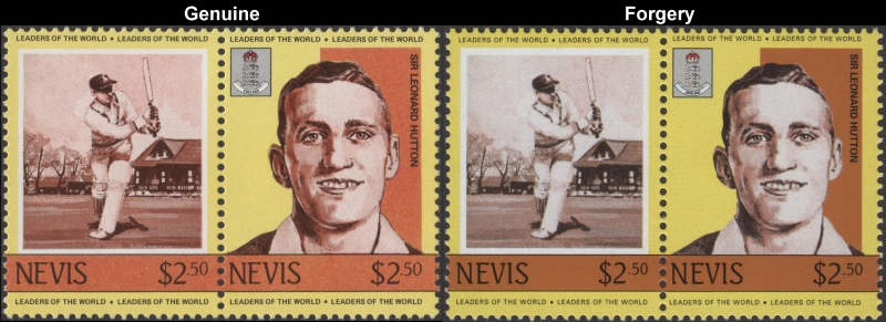 Nevis 1984 Cricket Players Sir Leonard Hutton Fake with Original $2.50 Stamp Comparison