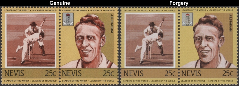 Nevis 1984 Cricket Players J.B. Statham Fake with Original 25c Stamp Comparison