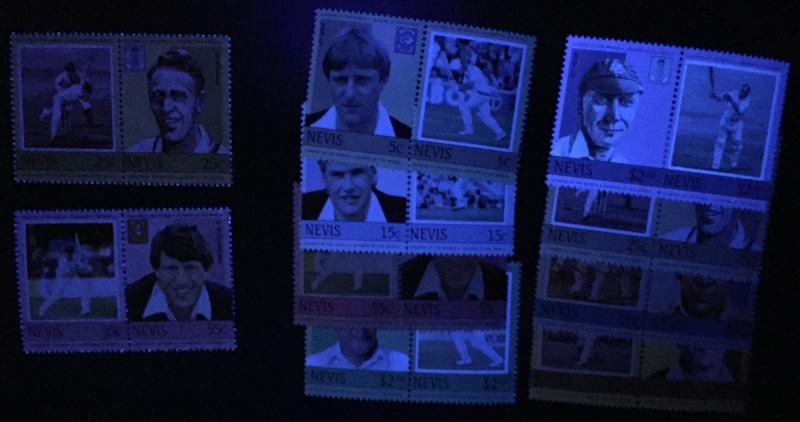 Nevis 1984 Leaders of the World Cricket Players Comparison of Forgeries with Genuine Stamps Under Ultra-violet Light
