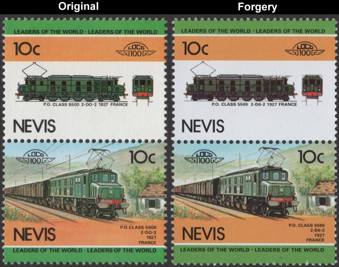 Nevis 1984 Locomotives Class 5500 Fake with Original 10c Stamp Comparison