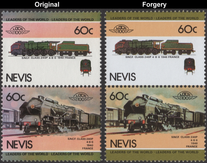 Nevis 1984 Locomotives Class 240P Fake with Original 60c Stamp Comparison