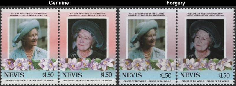 Nevis 1985 Leaders of the World Queen Elizabeth 85th Birthday $1.50 Forgery Stamp Pair with Genuine Stamp Pair Comparison
