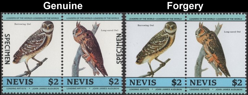 Nevis 1985 Audubon Birds Forgeries with Original $2 Stamp Comparison