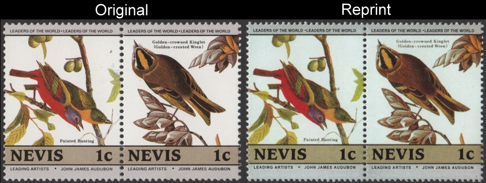 The Forged Unauthorized Reprint Nevis Birds Scott 407 Pair with Original Pair for Comparison