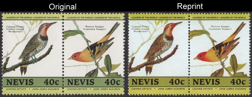 The Forged Unauthorized Reprint Nevis Birds Scott 409 Pair with Original Pair for Comparison