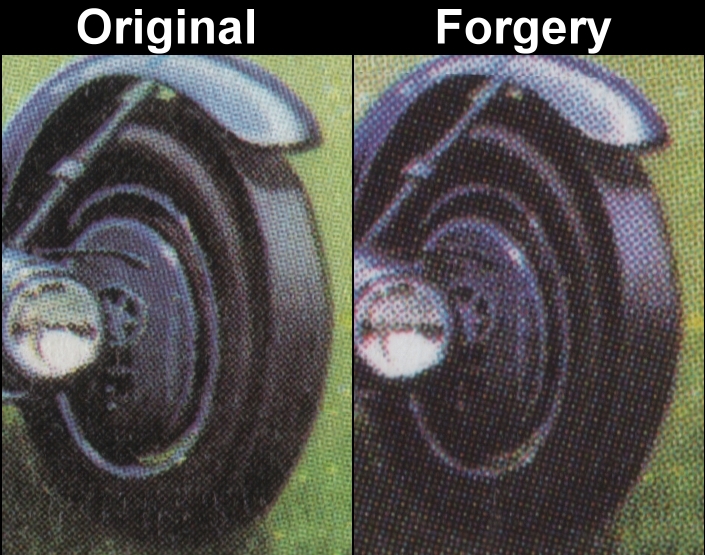 Nevis 1985 Automobiles 1c Fake with Original Screen and Color Comparison of the Cabriolet Tire