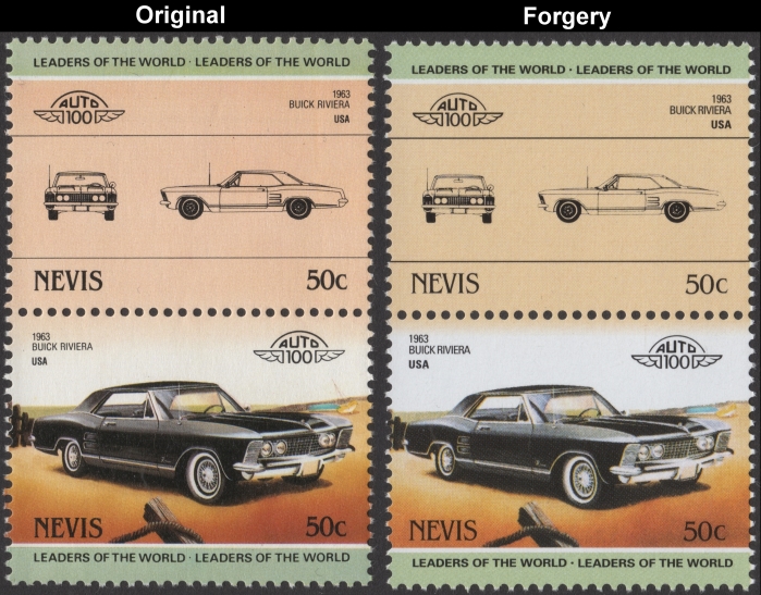 Nevis 1985 Automobiles Buick Fake with Original 50c Stamp Comparison