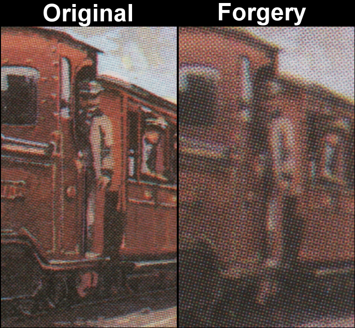 Nevis 1985 Locomotives 5c Fake with Original Screen and Color Comparison of the Snowdon Ranger Engine Cab