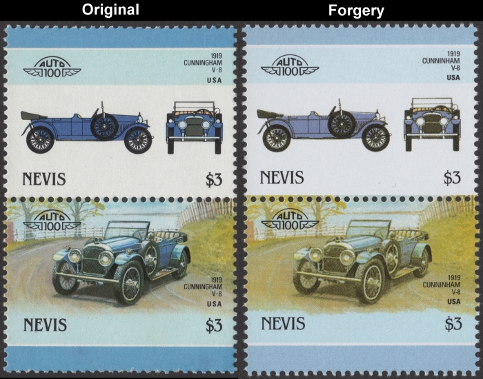 Nevis 1986 Automobiles Cunningham Fake with Original $3.00 Stamp Comparison
