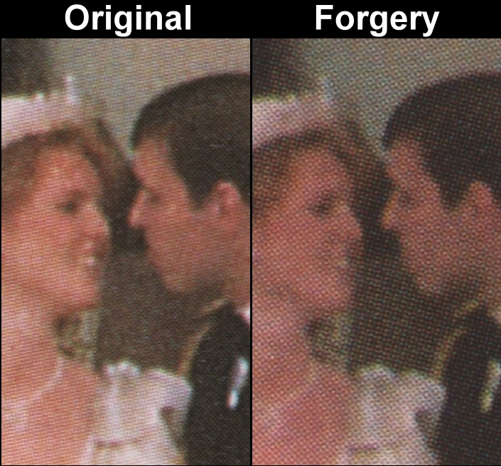 Nevis 1986 Royal Wedding Fake with Original Screen and Color Comparison of Royal Couple Stamp
