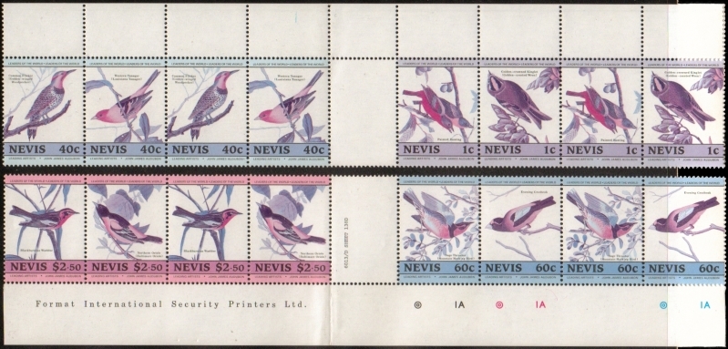 1985 Birth Bicentenary of John J. Audubon Birds Error (missing yellow) in Top and Bottom Selvage Vertical Gutters with Double Pairs