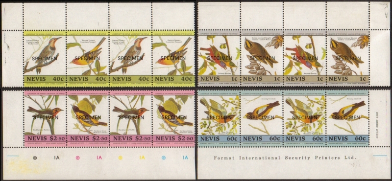 1985 Birth Bicentenary of John J. Audubon Birds SPECIMEN Overprinted Stamps in All Four Double Paired Corners From the Sheet