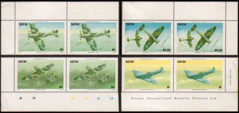 1986 50th Anniversary of the Spitfire error (missing red) Corner Blocks from Uncut Press Sheet