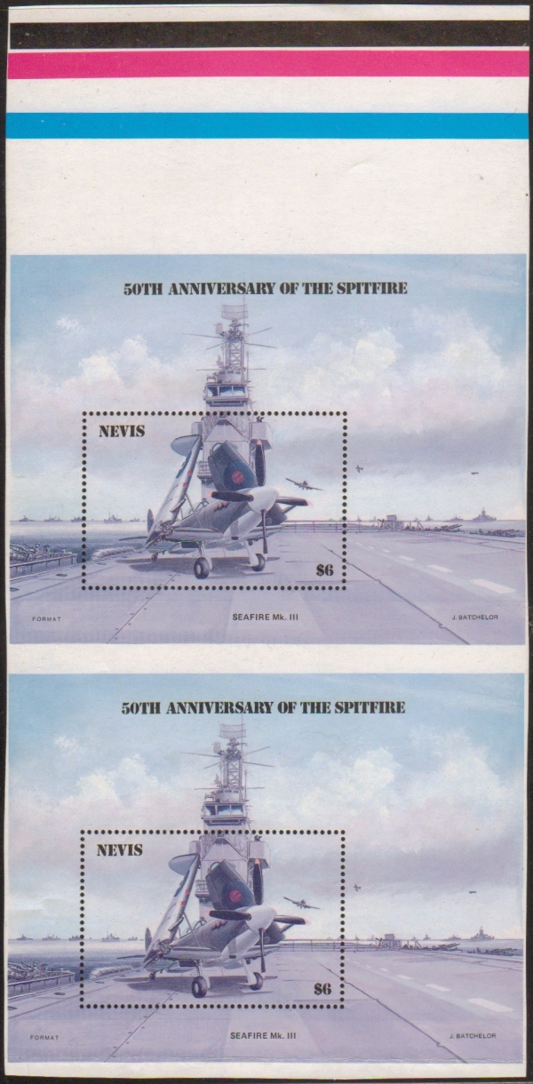 1986 50th Anniversary of the Spitfire error (missing yellow) Souvenir Sheet Pair with Color Guide