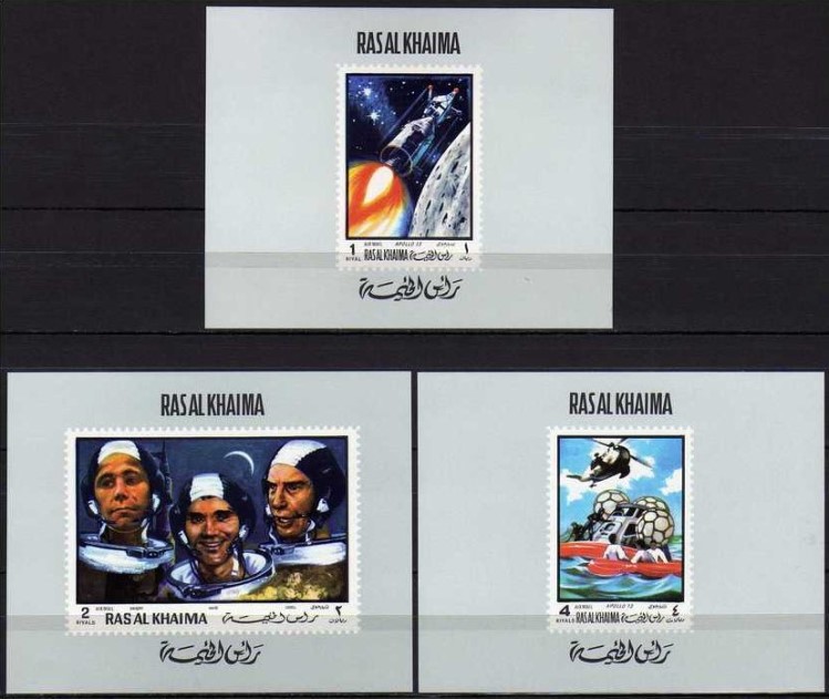 Ras al Khaima 1970 Space Flights Apollo XIII Astronauts Deluxe Sheetlet Set with Grayish Background
