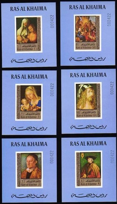 Ras al Khaima 1971 Durer Paintings Deluxe Sheetlet Set with Blue Background Numbered