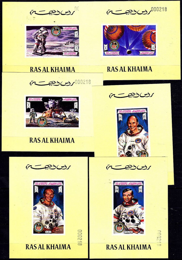 Ras al Khaima 1972 Apollo 16 Deluxe Sheetlet Set with Yellow Background and Numbered