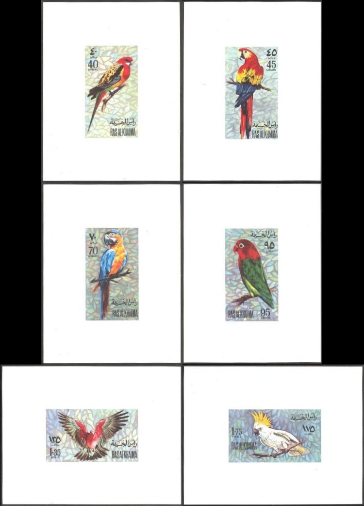Ras al Khaima 1972 Parrots Deluxe Sheetlet Set with White Background