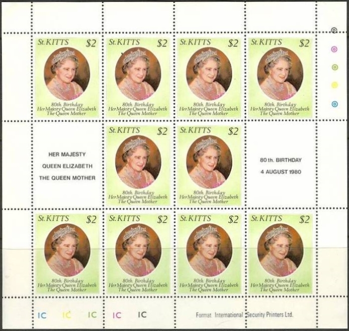 1980 80th Birthday of The Queen Mother Mini Pane of 10 plus Labels