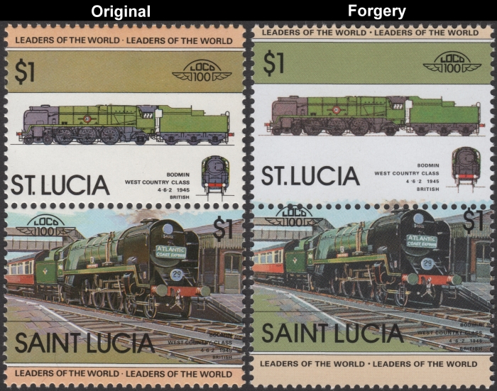 Saint Lucia 1983 Locomotives Bodmin Fake with Original $1 Stamp Comparison