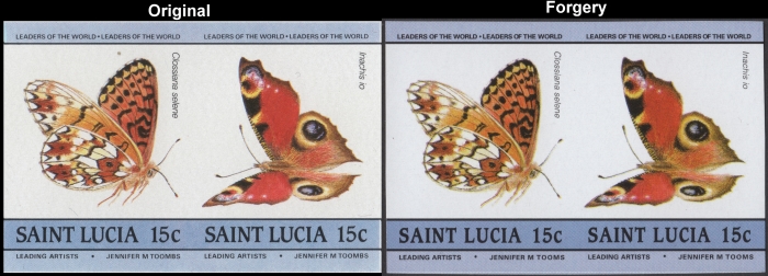 Saint Lucia 1985 Butterflies Fake with Original 15c Stamp Comparison