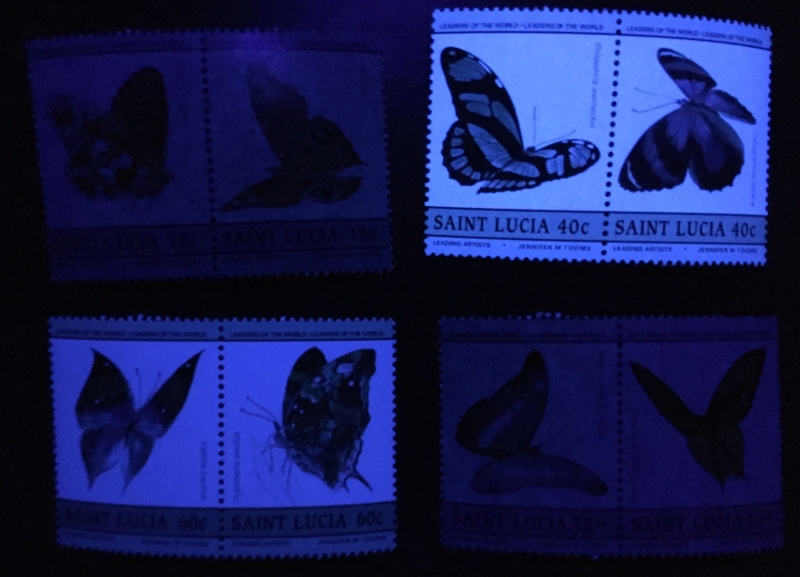 Saint Lucia 1985 Butterflies Comparison of Perforated Stamp Forgeries Under Ultra-violet Light