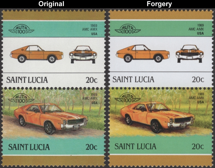 Saint Lucia 1986 Automobiles AMC AMX Fake with Original 20c Stamp Comparison