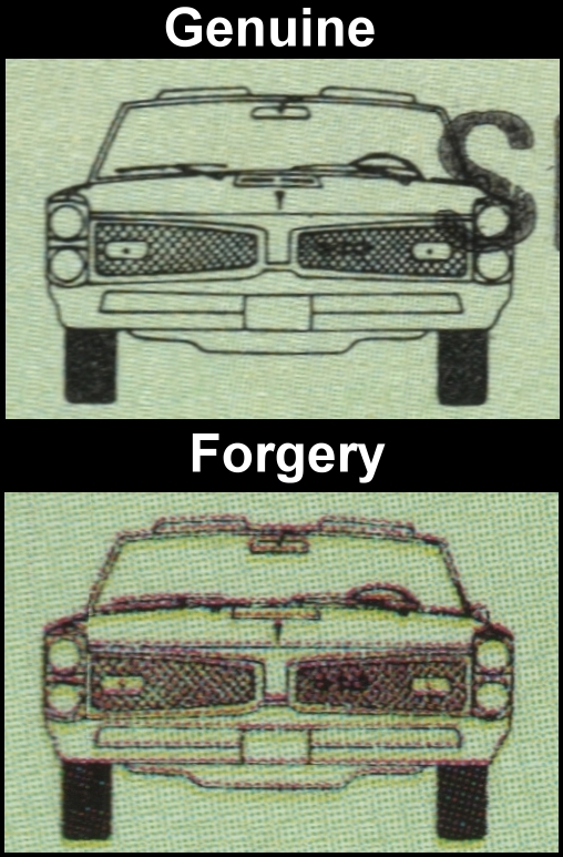 Saint Vincent 1984 Automobiles 55c Forgery with Genuine Comparison of the Front of the Car on the Detail Drawing