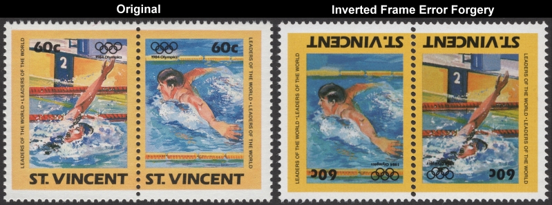 Saint Vincent 1984 Olympic Games Fake with Original 60c Stamp Pair Comparison