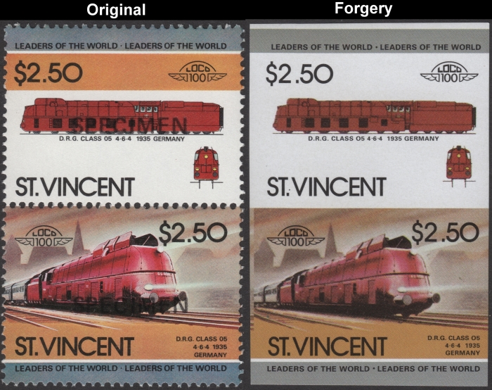 Saint Vincent 1984 Locomotives D.R.G. Class 05 Fake with Original $2.50 Stamp Comparison